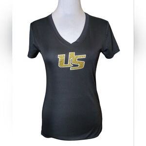 Paragon ladies Size S Women's Black V-Neck Top with Gold Logo